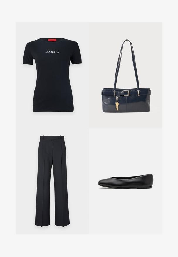 Crna majica s kratkim rukavima izrađena od pamuka s okruglim izrezom i logotipom "MAX&Co." u bijeloj boji. Glatka tekstura, dizajn uskog kroja.; Tamno plave prugaste hlače visokog struka, širokih nogavica, bez vidljive opreme ili ukrasa. Glatka tekstura i kroj prilagođen tijelu.; Paul Smith TOPANGA - Balerinke - black; Morska kožna torbica s dva duga ramena, detaljem kopče i privjeskom za ključeve. Ima glatku teksturu i pravokutni oblik.