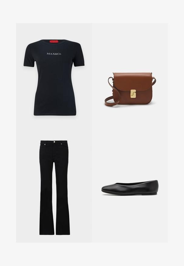 Sort kortærmet t-shirt lavet af bomuld, med rund halsudskæring og logoet "MAX&Co." i hvid. Glat tekstur, slank pasform.; Sorte bløde jeans lavet af denim, med to frontlommer, knaplukning og en glat tekstur. Signaturstikninger synlige ved sømmene.; Paul Smith TOPANGA - Ballerinasko - black; Brun læder håndtaske med flaplukning, hardware i gyldent tone, en skulderrem og en glat overflade. Kompakt rektangulær form.