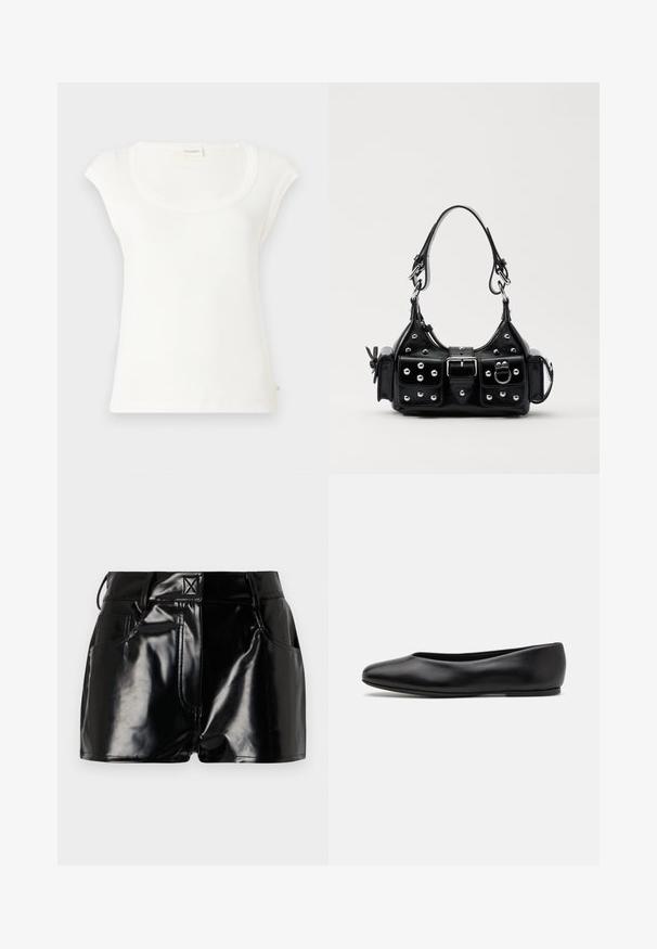 T-shirt branco de manga curta feito de algodão suave. Apresenta um decote arredondado e um corte descontraído. Etiquetas presas na parte de trás.; Calções pretos e brilhantes feitos de material sintético. Apresentam uma cintura justa, passantes para cinto e bolsos frontais com detalhes de costura proeminentes.; Paul Smith TOPANGA - Sabrinas - black; Bolsa de couro preta com um design curvado, apresentando tachas prateadas, uma fivela e dois bolsos laterais. Alça ajustável para opções de transporte.