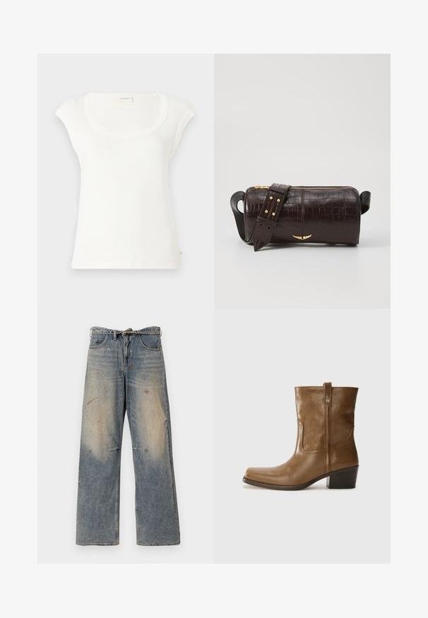 White short-sleeve t-shirt made of soft cotton. Features a rounded neckline and a relaxed fit. Tags attached at the back.; Light blue denim jeans with a loose, straight-leg design. Features whiskering, fading, and distressed details near knees. Classic five-pocket style.; Brown leather ankle boot with a square toe, textured finish, and a low stacked heel. Features a rear pull tab and subtle stitching details.; Brown crocodile-embossed leather bag with a cylindrical shape, gold-tone hardware, and a detachable strap featuring studs.