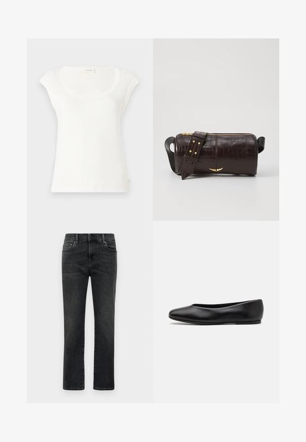 Bílé tričko s krátkým rukávem vyrobené z měkké bavlny. Má kulatý výstřih a volný střih. Štítky připevněny vzadu.; Pánské černé džíny s rovnými nohavicemi, vybledlé, s předním zapínáním na knoflík a pěti kapsami, na bílém pozadí.; Paul Smith TOPANGA - Klasické baleríny - black; Hnědá kabelka z krokodýlí kůže s embosováním, cylindrického tvaru, se zlacenými kovovými prvky a odnímatelným popruhem se hroty.