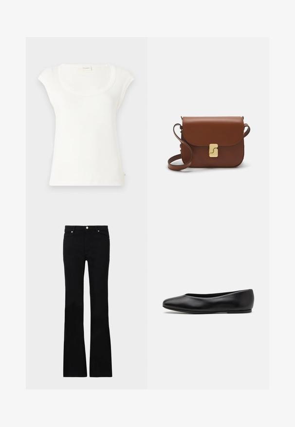 White short-sleeve t-shirt made of soft cotton. Features a rounded neckline and a relaxed fit. Tags attached at the back.; Black flared jeans made of denim, featuring two front pockets, a button closure, and a smooth texture. Signature stitching visible at seams.; Paul Smith TOPANGA - Ballet pumps - black; Brown leather handbag with a flap closure, gold-tone hardware, a shoulder strap, and a smooth texture. Compact rectangular shape.