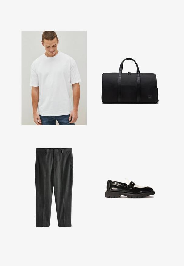 Hvid bomulds T-shirt med korte ærmer, afslappet pasform og rund halsudskæring. Ingen mønstre eller accenter, vist med denimjeans.; Next STRIPE-REGULAR FIT - Chino - charcoal grey; Sorte patenterede lædersko med hvid læderdetalje, tykk sort gummisål med godt greb og syet detaljering. Glat tekstur med en skinnende finish.; Sort duffelbag lavet af slidstærkt stof med glatte læderhåndtag, cylindrisk form, synlig lynlås og et lille mærkelogo på forsiden.