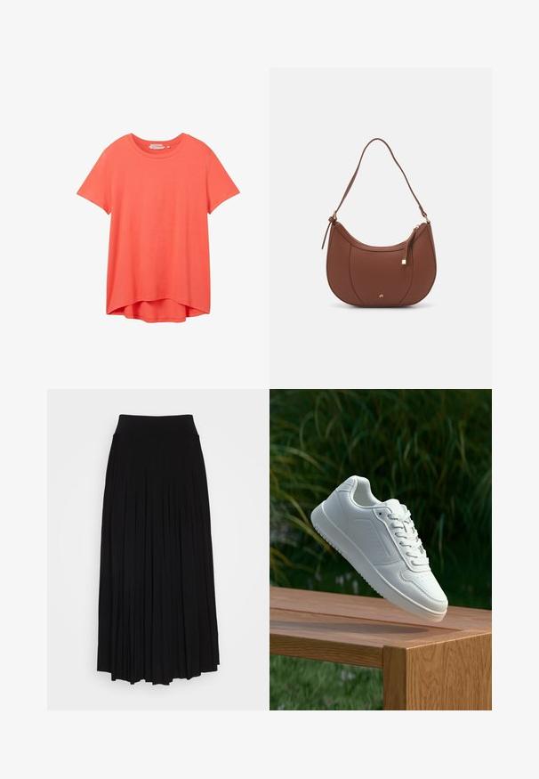 TOM TAILOR DENIM T-shirt basic - plain red; Zwarte plissé rok met een hoge, elastische tailleband. Gemaakt van zachte stof, met verticale plooien voor een vloeiende silhouet.; Witte sneaker met een gladde synthetische bovenkant, geperforeerde neus, platte veters en een gestructureerde zool, tentoongesteld op een houten oppervlak.; Bruine faux leren schoudertas met een gebogen vorm, minimale stiksels en een gouden hardware-accent. Voorzien van een bovenste ritsluiting en een verstelbare schouderband.