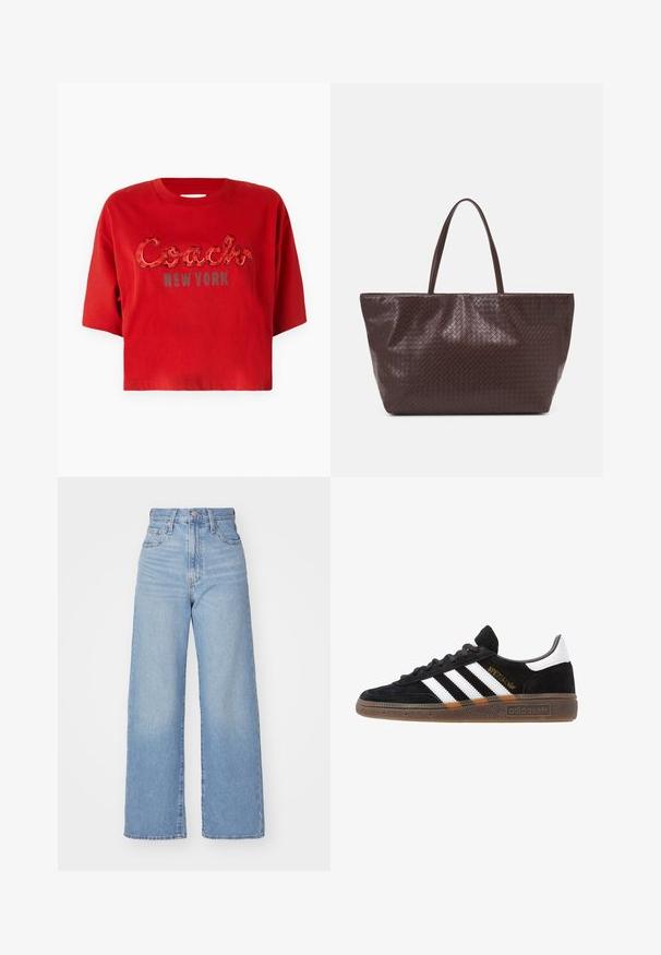 Röd bomulls cropped t-shirt med en glänsande, böjd "Coach" logotyp i röd med ett litet ormsmönster och grå text "NEW YORK" nedanför.; Ljusblå högmidjade vida jeans med knapp- och dragkedjestängning, fram- och bakfickor, mot en vit bakgrund.; Svarta Adidas-sneakers med vita ränder, guld "Spezial" text, gummisulor och vit hälflik, visade i profilvy.; Brun vävd läderhandväska med två handtag, en strukturerad form och en texturerad yta, med ett diamantmönster över hela ytan.