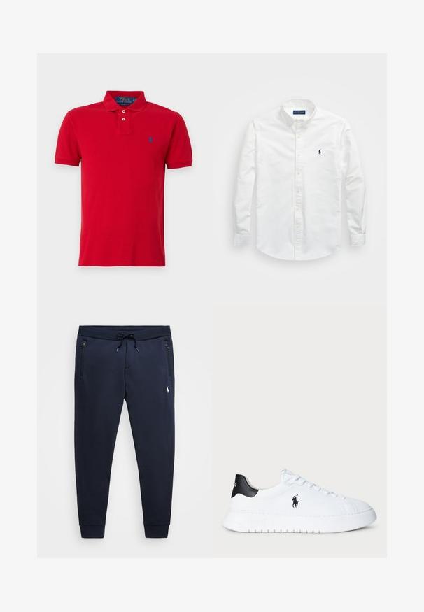 Polo Ralph Lauren SLIM FIT POLO SHIRT - Poloskjorter - martin red; Hvit skjorte med knapper laget av bomull. Har spiss krage, lange ermer og en liten marineblå logo på brystet. Glatt tekstur.; Marine joggebukser laget av myk bomullsmiks, med justerbar midje, glidelåslommer og en liten logo på venstre lår.; Hvit lavt beskåret sneaker med svart hælflik og svart Polo Ralph Lauren-logo på siden, med hvite lisser og tykk gummisåle.