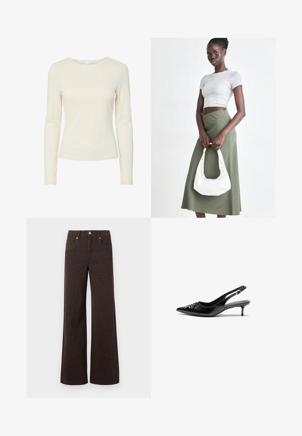 Cream-colored, long-sleeve, fitted women's shirt with a round neckline and smooth texture, displayed on a white background.; Brown wide-leg jeans featuring a subtle leopard pattern, crafted from denim with a smooth texture and classic five-pocket design.; Black leather slingback heels with a pointed toe, small kitten heel, and a decorative knot detail on the front. Smooth texture throughout.; Gray ribbed crop top and olive green high-waisted skirt. Model holds a white shoulder bag with cut-out detailing. Simple design, fitted silhouette.