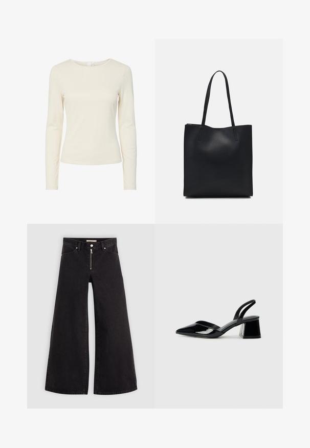 Cream-colored, long-sleeve, fitted women's shirt with a round neckline and smooth texture, displayed on a white background.; Wide-leg jeans in black denim with a zippered front, five-pocket design, and subtle stitching details. Smooth texture and casual style.; Black patent leather slingback heels with a pointed toe and a geometric block heel. Features a sleek, minimal design and smooth texture.; Black leather tote bag with smooth texture, rectangular shape, and two long handles. No visible hardware or embellishments.