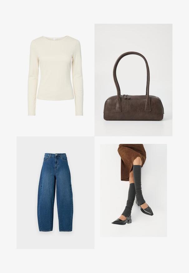 Cremefarbenes, langärmliges, tailliertes Damenshirt mit rundem Ausschnitt und glatter Textur, auf weißem Hintergrund präsentiert.; Denimjeans in einer mittleren blauen Waschung, mit hoher Taille, weit geschnittenem Bein und dem typischen fünf Taschen Design mit sichtbaren Nahtdetails.; Schwarze lacklederne spitze Schuhe mit Blockabsatz und Knöchelriemen, kombiniert mit grauen gerippten Beinstulpen und einem braunen Wildlederrock.; Braune Lederhandtasche mit zwei stabilen Griffen, rechteckiger Form, glatter Oberfläche und Reißverschluss. Minimalistisches Design ohne sichtbare Muster.