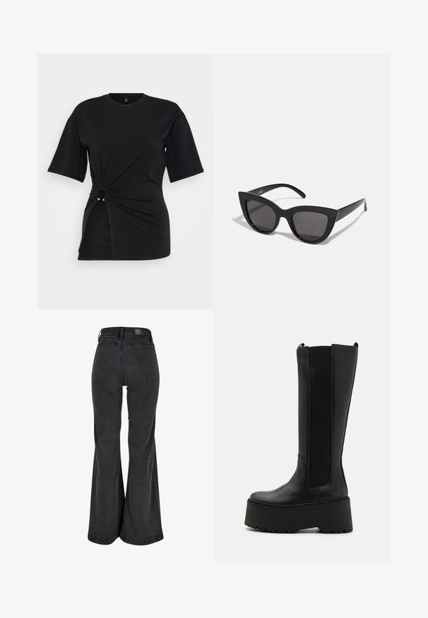 Svart bomull t-skjorte med korte ermer, med et knyttet design i livet og en sirkulær metalldetalj på siden.; Sorte vide bukser med en glat tekstur, høj talje og et mærket badge på bagsiden. Har et bredt bendesign og forstærket syning.; Sorte knelange støvler med glatt skinnoverdel, elastiske sidepaneler og en tykk plattformsåle med mønsterbunn.; Sorte katteau solbriller med mat finish, featuring grå tonede linser, skarpe vinkler og slanke sidearme. Merkenavn synlig på den indre armen.
