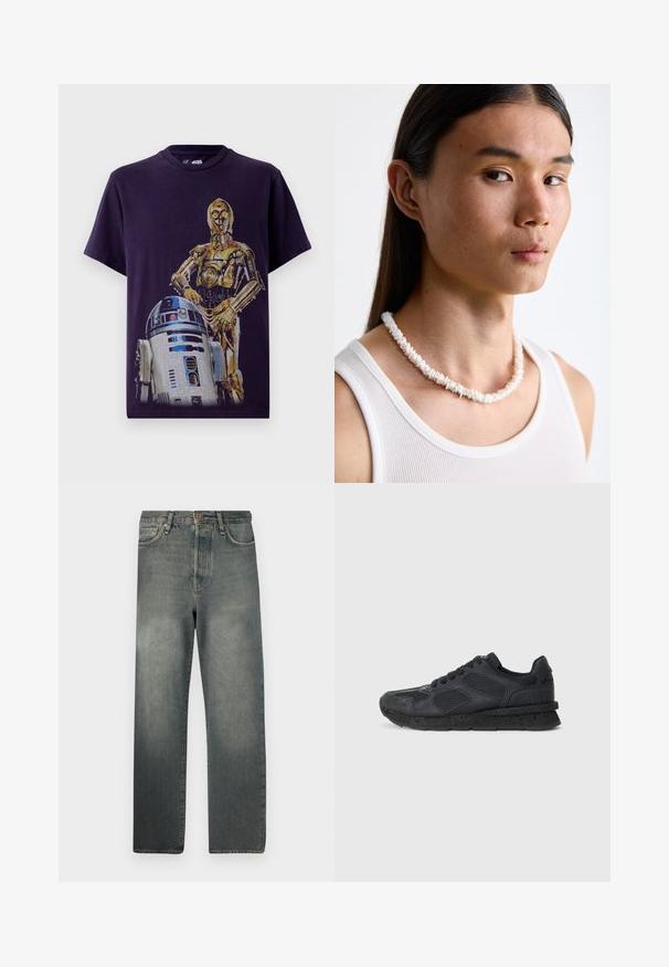 Černé bavlněné tričko s grafickým designem C-3PO a R2-D2 ze Star Wars. Kulatý výstřih, krátké rukávy, volný střih.; Jack & Jones JJIALEX JJCOOPER - Baggy džíny - black denim; Replay ARTHUR ATOM - Tenisky - black; Bílý náhrdelník z mušlí složený z nepravidelných tvarů, nošený přes přiléhavý bílý top bez rukávů. Hladký povrch s jemným leskem, těsně přiléhající design.