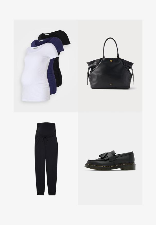 Kismama pólók három színben: fehér, sötétkék és fekete. Puha pamut, rövidujjú kivitel, összegyűrt oldalakkal a kényelem és a megfelelő illeszkedés érdekében.; Fekete kismama joggerek, puha anyagból készültek, elasztikus derékpánttal, húzózsinórral és formázott szárakkal a bokáknál.; Fekete bőr loaferek, lekerekített orral, frufru részlettel és díszes pánttal az elején, vastag sarokra szerelve.; Fekete bőr tote táska texturált felülettel, arany színű fémrészekkel és két lekerekített fogantyúval. Biztonságos záródással és letisztult márkajelzéssel rendelkezik.