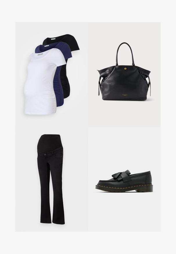 Těhotenská trička ve třech barvách: bílá, námořnická modř a černá. Měkká bavlna, krátký rukáv a střih s nařasenými boky pro pohodlí a dokonalé padnutí.; Těhotenské džíny v černém denimovém provedení s elastickým páskem přes bříško, úzké v oblasti boků a stehen, rozšířené na konci nohavic.; Černé kožené mokasíny s kulatou špičkou, zdobené třásněmi a dekorativním pásem v přední části, umístěné na masivním podpatku.; Černá kožená kabelka na rameno s texturovaným povrchem, zlatým kováním a dvěma zaoblenými úchyty. Vybavena bezpečným zapínáním a minimálním značením.