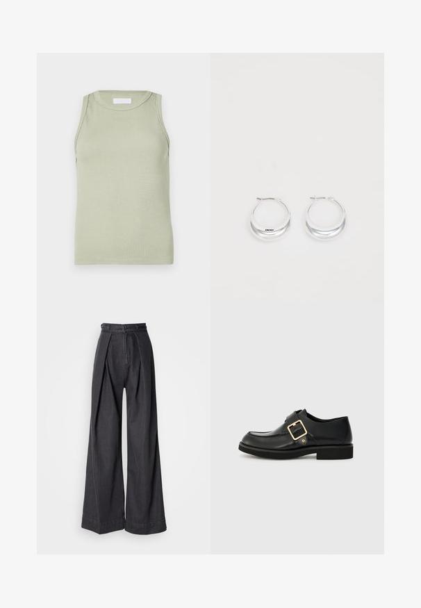 Haut sans manches vert clair côtelé avec un col rond. Présente une texture lisse et une coupe ajustée, idéal pour le superposition ou une tenue décontractée.; Pantalons en denim noir à jambes larges avec une taille haute, dotés de plis avant et d'une fermeture éclair classique. Texture nette et lisse avec une finition propre.; Chaussure en cuir noir à bout rond, avec une boucle dorée et une semelle en caoutchouc plate. Texture lisse avec des détails de couture subtils.; Boucles d'oreilles en argent avec une finition polie et un branding DKNY, présentées sur un fond blanc uni.