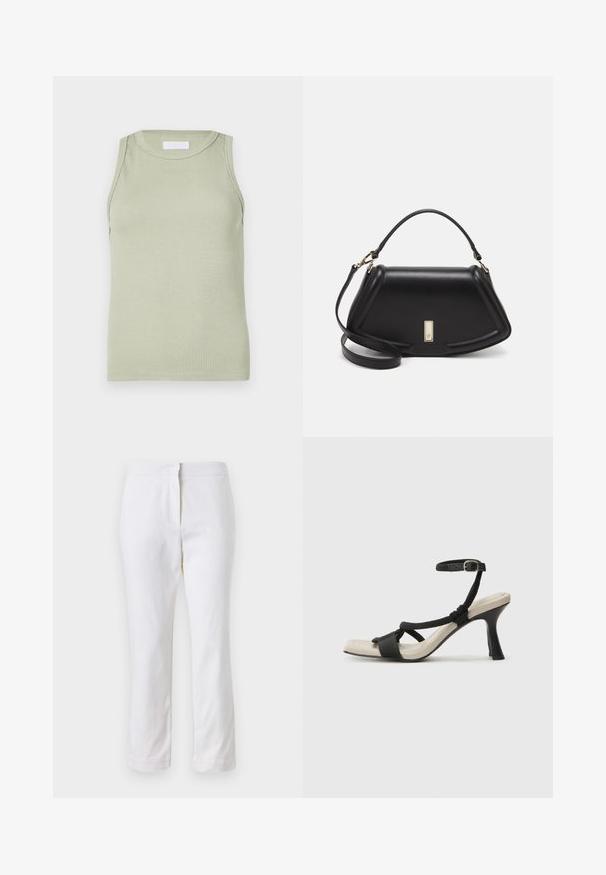Light green, ribbed sleeveless top with a round neckline. Features a smooth texture and fitted shape, suitable for layering or casual wear.; White cotton pants with a straight leg design, featuring a mid-rise waist and no visible hardware or patterns. Smooth texture throughout.; Black heeled sandal with braided strap design, square toe, and adjustable ankle strap. Light beige footbed with a glossy black heel.; Black leather handbag with a structured design, featuring a cropped shape, top handle, and gold hardware accent. Adjustable shoulder strap included.