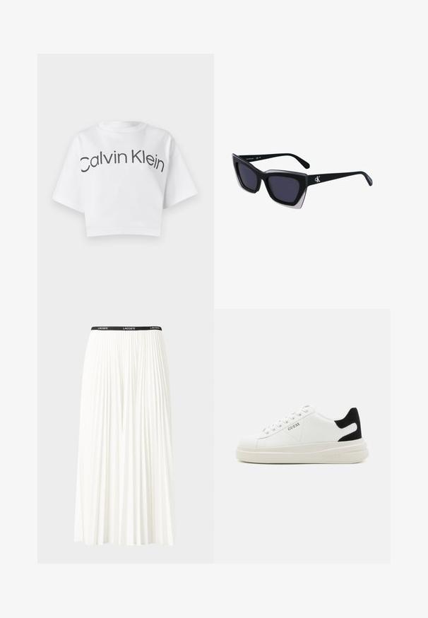 Valge lühikesed varrukad ja ümar kaelus, lühikese lõikega puuvillane T-särk. Ees on suurte mustade tähtedega trükitud "Calvin Klein".; Kurtitudega valge seelik musta elastse vööga, millel on "LACOSTE" logo. Keskmise pikkusega disain pehme tekstuuriga.; Valged nahast tennisetossud paksu valge tallaga, musta sametist kontsakeeuga ja külje peal riigilogo reljeefne kujundus. Lukkeskeem kuue silmaauguga.; Mustad suured mustad prillid geomeetrilise kujuga, tumedate läätsedega ja kontrastse halli detailiga raamidel. Logo käe peal.