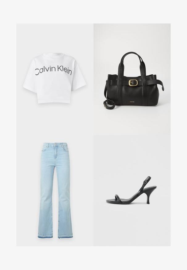 Hvid cropped t-shirt lavet af bomuld, med rund halsudskæring og korte ærmer. "Calvin Klein" er trykt med fede sorte bogstaver på fronten.; Lyseblå flagrende jeans lavet af denim, med høj talje, forlommer og rå kant ved sømmene for et afslappet look.; Sorte læder højhælede sandaler med en slank, buet hæl og et krydset stropdesign. Justerbar ankelrem. Glat tekstur.; Sort læderhåndtaske med et struktureret design, dobbelte toppegreb, guldtonet spændeaccents og præget logo på forsiden.