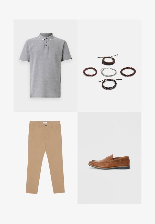 Grå polo shirt med krave, der har en tre-knaps lukning, hvide detaljer på kraven og ærmerne, samt en blød overflade.; Khaki chinos lavet af en bomuldsblanding, med flad front, to sidelommer og en enkelt baglomme. Letvægtsstof med en glat tekstur.; Brune læder loafers med rund tå, syninger og en lav gummisål. Designet har en rem over vristen.; Sæt af fem armbånd medbrunt læder, træperler og en sølvkæde; varierede teksturer og former med justerbare lukkemekanismer.