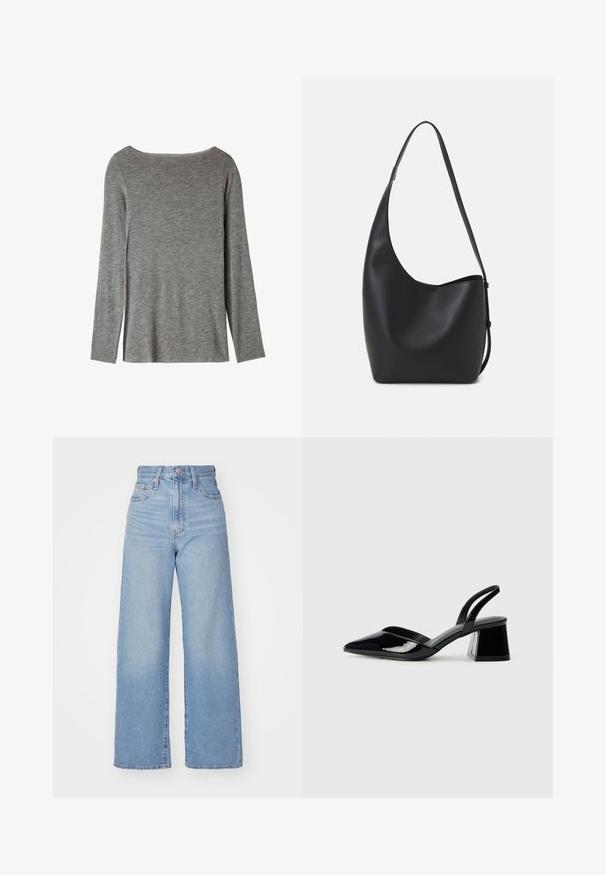 T-shirt gris à manches longues avec un large col, fabriqué en tissu doux. Présente une coupe simple et droite sans embellissements supplémentaires.; Jean large taille haute bleu clair avec bouton et fermeture éclair à l'avant, poches avant et arrière, sur fond blanc.; Escarpins en cuir verni noir avec bout pointu et talon bloc géométrique. Présente un design élégant et minimaliste ainsi qu'une texture lisse.; Sac hobo en cuir noir avec une texture lisse, une forme incurvée et une seule sangle réglable ; dispose d'une large ouverture en haut.