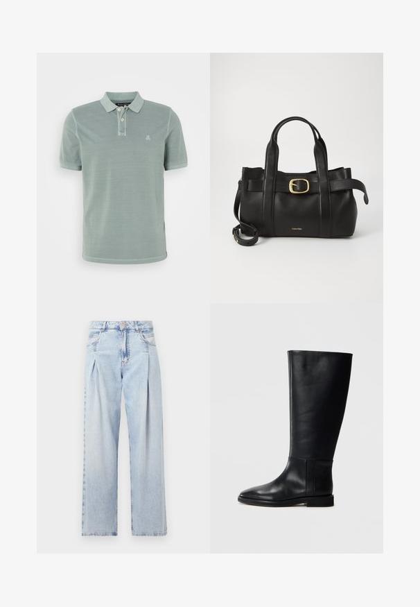 Halka zöld pamut pólóing, kétgombos felső gombolással, rövid ujjal és kis hímezett logóval a mellrészen.; Világoskék farmernadrág magas derekú, bő szabású, két oldalsó zsebbel és pliszírozott dizájnnal. Puha tapintású, elhalványított felület.; Fekete bőrből készült, térd fölé érő csizma, lekerekített orral, sima felülettel, minimalista dizájnnal és lapos talppal. Egyszerű varrási részletek a szárán.; Fekete bőr kézitáska, amely strukturált kialakítással rendelkezik, dupla felső fogantyúval, arany tónusú csattal és a márka dombornyomott logójával az elején.