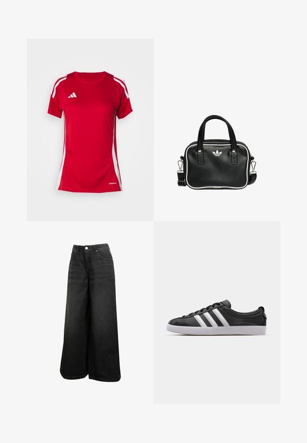 Red athletic shirt featuring short sleeves, white side stripes, and the Adidas logo in white. Made from moisture-wicking fabric, labeled AEROREADY.; Black wide-leg denim jeans with high waist, front button, pockets, and subtle logo on front pocket.; Black leather sneaker with white three-stripe design, rounded toe, flat white rubber sole, and branded detail on the side.; Black leather handbag with two short handles, silver hardware, white accents, and a white logo. Features a textured surface and compact design.