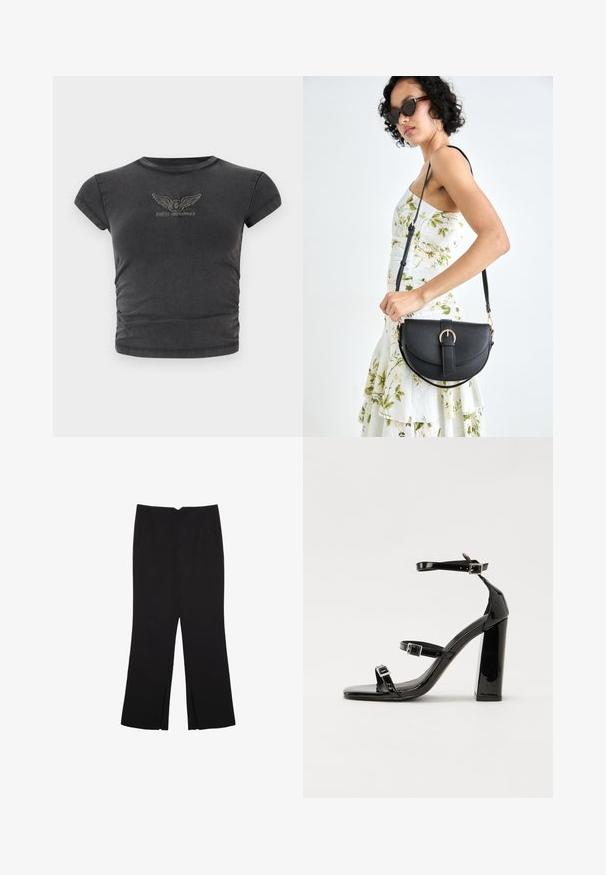 Černé krátké rukávy zkrácené tričko vyrobené z měkké látky s vyšitým logem s křídly a nápisem "GUESS ORIGINALS" v oblouku.; Černé kalhoty s rovným střihem, s předními kapsami a bočními rozparky na lemu. Vyrobené z jemné, hladké tkaniny. Vhodné na různé příležitosti.; Černé lakované sandály na podpatku se čtveratou špičkou, lýtkovými pásky a stříbrnými přezkami. Disponují masivním blokovým podpatkem pro stabilitu.; Černá kožená kabelka s křivkovým tvarem, odnímatelným popruhem a zlatými detaily. Kabelka má klopu s přezkou.