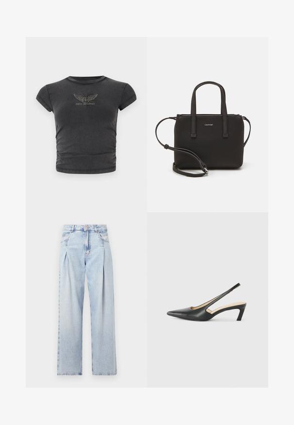 Juodas trumpas rankovėmis trumpas marškinėlis, pagamintas iš švelnios medžiagos, su siuvinėtu sparnuotu logotipu ir užrašu "GUESS ORIGINALS" arkos formos.; Šviesiai mėlyni džinsai su aukštu liemeniu, plačiomis kojomis, dviem šoninėmis kišenėmis ir raukinių dizainu. Minkšta tekstūra su nudilusia apdaila.; Juodas smailus slingback batelis su žemu kulnu, pagamintas iš lygaus odos paviršiaus ir su išpjovomis šone, užtikrinančiomis oro pralaidumą.; Juoda rankinė su dviem trumpais rankenėlėmis ir nuimamu petį. Lygaus odos tipo medžiaga su užtrauktuku ir logotipo detale.