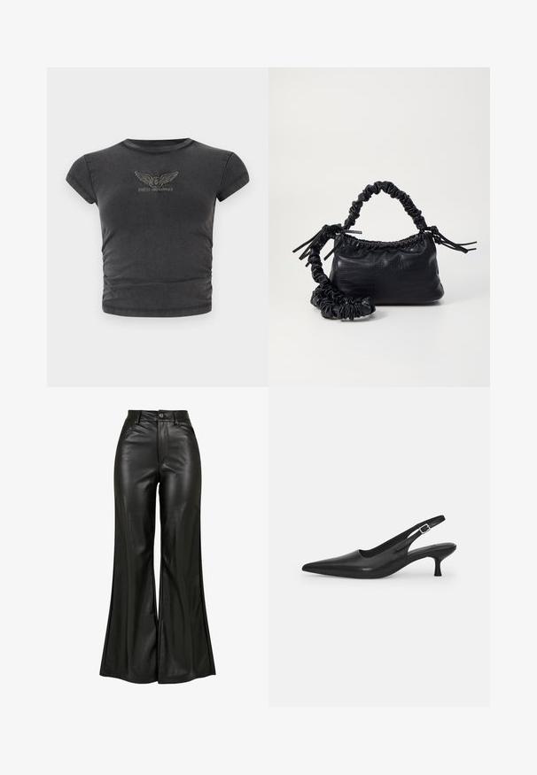 Juodas trumpas rankovėmis trumpas marškinėlis, pagamintas iš švelnios medžiagos, su siuvinėtu sparnuotu logotipu ir užrašu "GUESS ORIGINALS" arkos formos.; Juodi odiniai pločio kojos keliai su lygiomis tekstūromis, turintys aukštą juosmenį, mygtuko užsegimą ir priekinėmis kišenėmis. Plati kojų konstrukcija ir blizgus apdaila.; Juodos odinės slingback bateliai su smailiu nosiu ir plonu, lenktu kulnu. Yra diskretiška reguliuojama juostelė su metaliniu sagtimi.; Juodas dirbtinės odos rankinė su krokodilo tekstūra, sušnibždinta viršuje ir susikraipytu dirželiu. Atrodo minkšta ir kompaktiška.