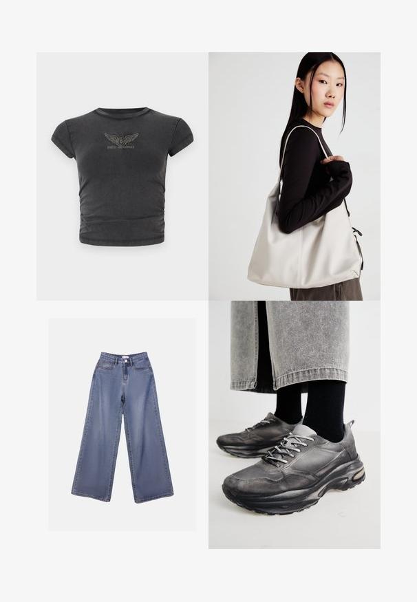 Camiseta corta de manga corta negra, hecha de una tela suave, con un logotipo bordado de alas y "GUESS ORIGINALS" en forma de arco.; Jeans de mezclilla de pierna ancha en un lavado azul claro, con una cintura alta, bolsillos frontales y un cierre de botón con trabillas para el cinturón.; Las zapatillas deportivas en negro y gris cuentan con una parte superior de malla, suelas gruesas y cordones. Tienen una punta redondeada y un detalle de amortiguación visible.; Bolso de mano beige hecho de material suave, con un diseño holgado, detalles cosidos y dos asas. Adecuado para uso diario.