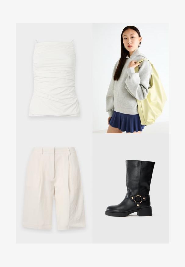 Top alb fără mâneci, realizat dintr-un material neted, având o siluetă ajustată cu detalii pliate și bretele ajustabile.; Shorts din in cu fir alb, cu un design tailored, față pliată și deschideri largi pentru picioare. Textură netedă și lungime până la mijlocul coapsei.; Botă de piele neagră până la jumătatea gambei, cu toc masiv și curea decorativă ce prezintă o cataramă circulară aurie, pe un fundal alb.; Hanorac oversized gri cu buzunar tip kangaroo, asociat cu o fustă albă cu volane de culoare bleumarin. Accesoriu: rucsac mare de un galben deschis, cu textură netedă.