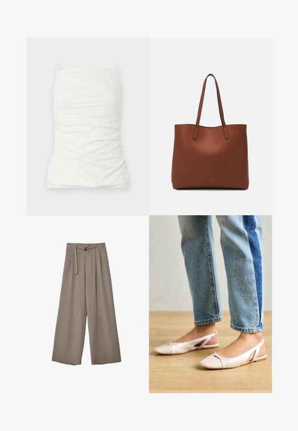 Bijela majica bez rukava od glatkog materijala, s pripijenim siluetom, nabranim detaljima i podesivim naramenicama.; Široke hlače u mekoj, prigušenoj sivoj tkanini, s remenom na struku i plisiranim detaljima za dodatni dizajn. Glatka tekstura, bez uzoraka.; Svijetlo ružičaste slingback balerinke s šiljastim vrhom, izrađene od glatkog materijala nalik koži. Sadrže izrezane detalje sa strane i ravnu petu.; Smeđa kožna torba preko ramena s glatkom teksturom, otvorenim vrhom i dvjema naramenicama. Ima minimalne šavove i nema vidljivog hardvera.