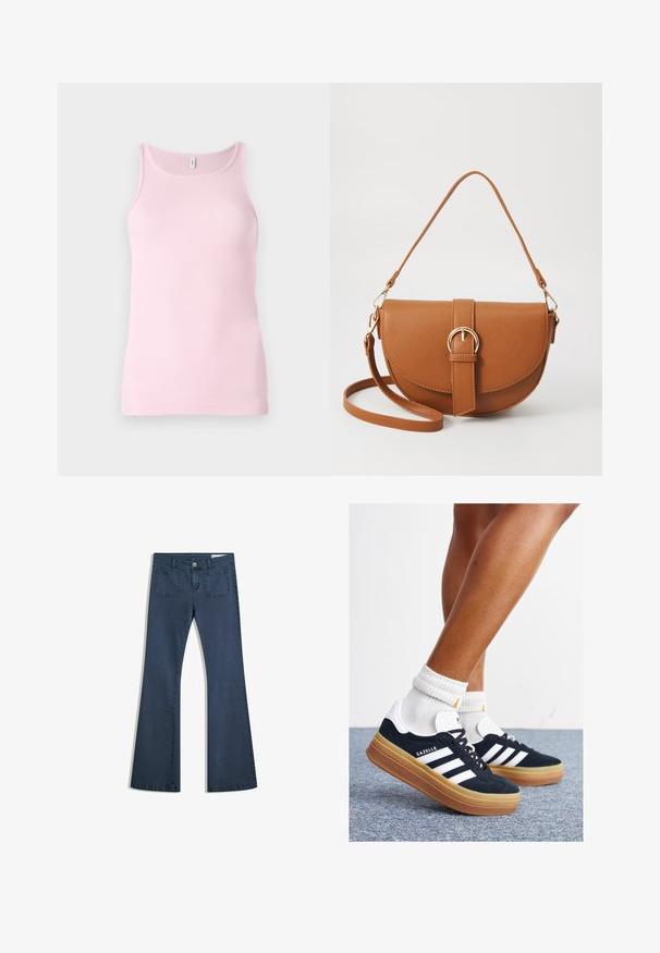 Pink ribbed tank top with a rounded neckline and sleeveless design. Fabric texture is smooth and fitted, with a clean hem.; Dark blue flared denim jeans with stitched pockets, a button closure, and a smooth texture. Features a classic five-pocket design.; Black suede sneakers with white stripes and accents, rounded toe, gum rubber outsole, paired with white ribbed crew socks.; Brown leather crossbody bag with a curved shape, gold hardware, and a buckle accent. Features a detachable shoulder strap.