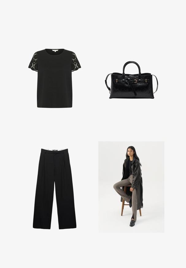 Černé tričko s krátkým rukávem a krajkovými detaily na rukávech, hladká struktura, kulatý výstřih a uvolněný střih.; Široké černé kalhoty vyrobené z hladké látky. Obsahují přední sklady, pas s poutky na opasek a upravený siluetu.; Černý kožený trenčkota s knoflíky a detailem pásku, kombinovaný s světle hnědými úzkými kalhotami a černými mokasínami, sedící na dřevěném stoličce.; Černá kožená kabelka s texturovaným povrchem, strukturovaným tvarem, dvojitými uchy a odnímatelným ramenním popruhem. Akcenty zlatě tónované kovové detaily.