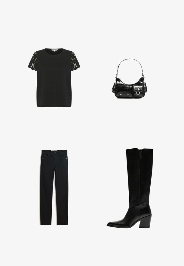 Tricou scurt negru cu mâneci din dantelă, textură netedă, guler rotund și o croială lejeră.; Pantaloni din denim negri cu un design drept, cinci buzunare, închidere cu nasture metalic și detalii subtile de cusătură. Textură netedă.; Cizme negre până la genunchi, fabricate din piele netedă, cu vârf ascuțit, toc pătrat și o decupare în formă de V în partea de sus.; Geantă de mână din piele lăcuită neagră, cu o formă curbată, un umăr, buzunare frontale și accente din metal argintiu.