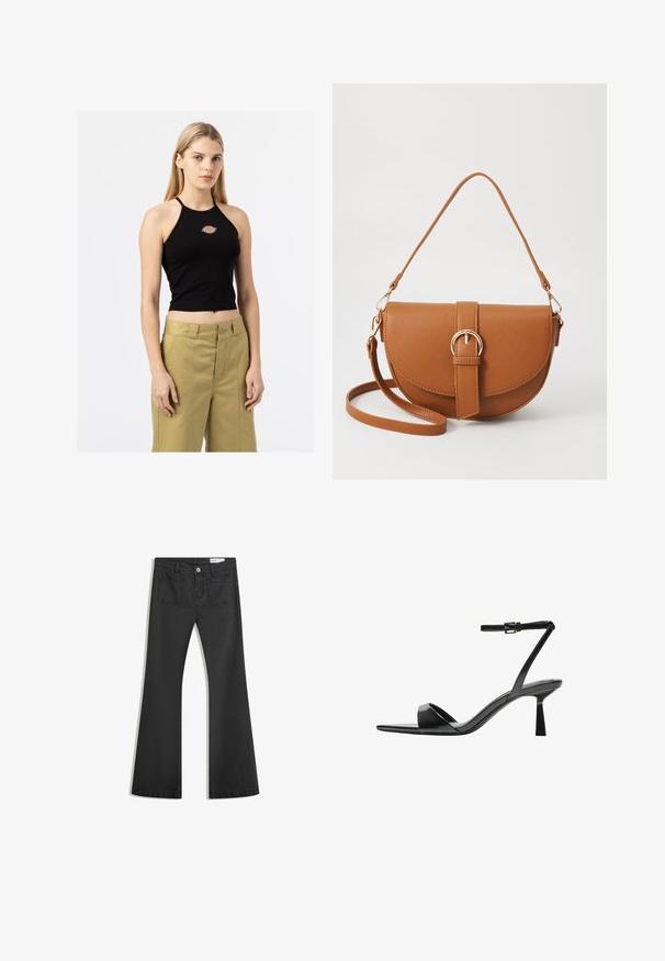 Čierny halter crop top s malým viacfarebným logom na hrudi, v kombinácii s oliovozelenými vysokými nohavicami s prednými záhybmi.; Čierne rozšírené džínsy vyrobené z denimu s hladkou textúrou, obsahujúce dve zadné vrecká a zapínanie na gombík v páse.; Bershka Sandále na vysokom opätku - black; Hnedá kožená kabelka cez telo s zakriveným tvarom, zlatými kovovými doplnkami a akcentom s prackou. Obsahuje odnímateľný ramenný popruh.