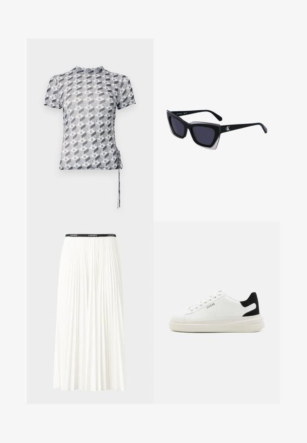 Kratkām piedurknēm, pieguļošs augšdaļa ar ģeometrisku melnbaltu rakstu, kurā ir "HUGO" zīmols un sānu aukla pielāgošanai.; Gari plānas baltas svārku ar melnu elastīgu jostu, uz kuras redzams "LACOSTE" logo. Vidēja garuma dizains ar mīkstu tekstūru.; Baltas ādas sporta apavi ar biezu balto zoli, melna zamša uzpura un izspiestais logotips sānos. Šņorējuma dizains ar sešiem acu caurumiem.; Melni pārmēru saulesbrilles ar ģeometrisku formu, kas aprīkotas ar tumšiem stikliem un kontrastējošu pelēku akcentu uz rāmja. Logo uz kājas.