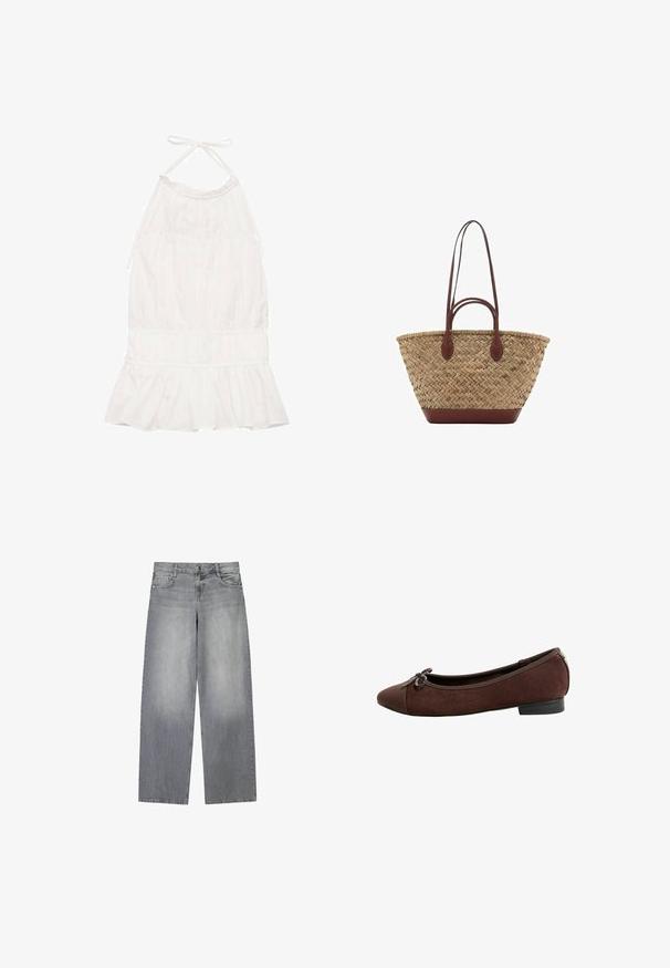 Bijela halter-kupa haljina s naboranim korzetom, volanastim rubom i mekim teksturom tkanine. Podesive vezice na dekolteu.; Široke sive traperice s lagano izblijeđenim završetkom, s pet džepova, prednjim zatvaranjem na gumb i petljama za remen.; Smeđi antilop baletni oblik s okruglim vrhom i ukrasnom mašnom sprijeda, s niskom petom i jednostavnim dizajnom.; Tkana torba od trske s pletenom teksturom, tamnosmeđi kožni drška i dno, široki kružni oblik i otvoreni gornji dizajn.