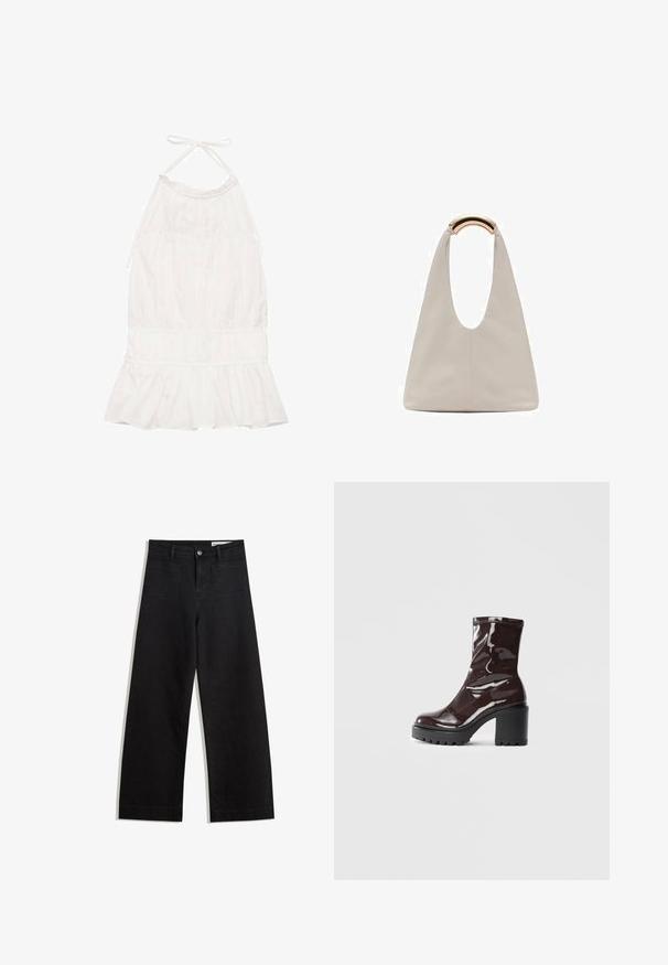 White, halter-neck dress featuring a gathered bodice, ruffled hem, and soft fabric texture. Adjustable ties at the neckline.; Black wide-leg denim pants with a high waist, featuring front and back pockets, stitched seams, and a button closure. Smooth texture.; Glossy burgundy ankle boot with a chunky black heel, featuring a smooth texture and simple design. No visible fastenings or patterns.; Light gray leather bag with a U-shaped design and a curved metallic handle. Smooth texture with minimal stitching and no visible patterns.