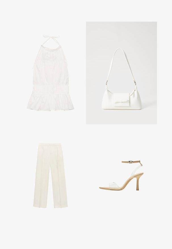 White, halter-neck dress featuring a gathered bodice, ruffled hem, and soft fabric texture. Adjustable ties at the neckline.; Wide-legged trousers in a light cream color. Made from a smooth fabric with pleats at the front and side pockets.; Clear heeled sandal with a transparent upper, beige footbed, and a slender ankle strap. Features a pointed toe and a thin high heel.; White synthetic handbag with a triangular shape, flat front flap and bow detail, adjustable strap, smooth texture, and minimalistic design.