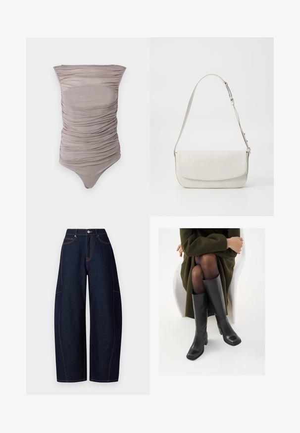 Rynket ensfarget badedrakt i myk taupe-stoff. Har en ermeløs design og en flatterende passform, med høyutsnitt og glatt tekstur.; Bredde bukser i mørkeblå denim med kontrastfarget oransje søm, fem lommer og en knapp- og glidelåslukking i midjen.; Knæhøye sorte lærstøvler med firkantet tå og blokkhelt, vist med en modell som sitter iført en olivengrønn kåpe. Glatt tekstur, minimal detaljering.; Hvit lær skulderveske med en glatt overflate, rektangulær form, klaffelukking og justerbar stropp. Enkle sømmer.