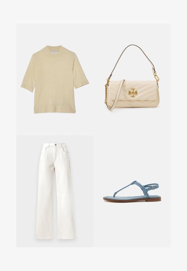 Tiger of Sweden WINNIS - Basic póló - paper white; Fehér, bőszárú farmernadrág, gombos záródással, övakasztókkal és öt zsebes dizájnnal. Simább textúrával és látható varrásokkal rendelkezik.; Kék bőr pántos szandál lapos talppal, vékony pánt dizájnnal és csatos záródással a bokán a biztos illeszkedés érdekében.; Párnázott tejszínszínű kézitáska arany logóval, lánccal és bőr vállpánttal. Szerkezetes kialakítás, sima textúra és átlós varrás.