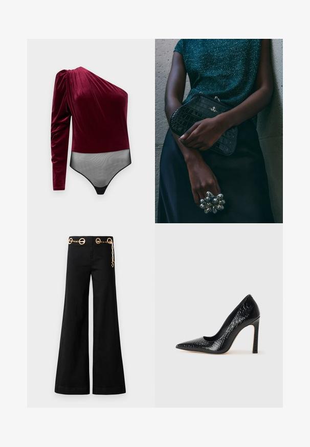 Body din catifea burgundy, având un mânecă lungă și un fund de plasă neagră transparentă cu capse. Textură netedă cu detalii plisate.; Pantaloni largi negri din bumbac, având accesorii circulare aurii și un detaliu din lanț pe talie. Textură netedă, croială curată.; Pantofii cu toc înalt, ascuțiți, de culoare neagră, cu textură de piele de crocodil, având un design elegant, toc în stil stiletto și interior neted de culoare neagră.; Geantă de umăr de tip clutch, cu model de crocodil negru și detalii din metal argintiu, sprijinită pe un fundal texturat gri. Prezintă o suprafață lucioasă.