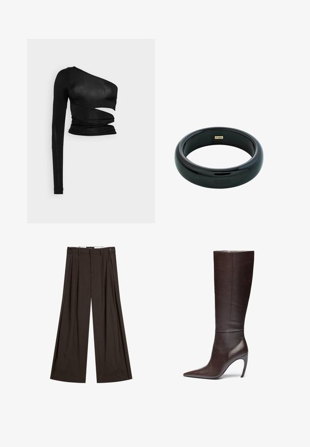 Svart långärmad topp med en asymmetrisk utskärning, rynkdetaljer och ett mjukt, elastiskt tyg.; Bruna vida byxor i lättviktigt material, med framveck, två sidofickor och en enkel knäppning.; Brun läderstövel med knähöjd, spetsig tå och stilettklack, med en slät yta och minimalistisk design.; Svart resinarmband med en slät, glänsande yta och rundade kanter. Har en liten guldfärgad "Pilgrim"-logotyp på insidan.