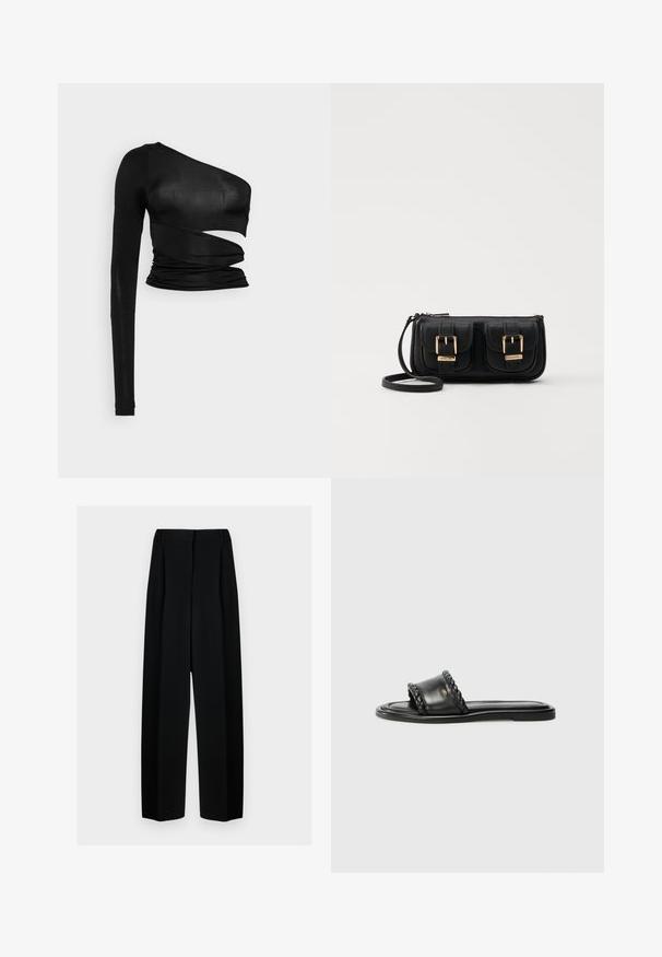 Schwarzes Langarmoberteil mit asymmetrischem Ausschnitt, gerafften Details und einem glatten, dehnbaren Stoff.; Schwarze weit geschnittene Hosen mit hoher Taille, die Falten und eine glatte Textur aufweisen. Der Stoff wirkt leicht und fällt elegant.; Schwarze Ledersandale mit einem gewebten Riemen-Detail, flacher Sohle und schlankem Design. Glatte Textur und minimalistisches Profil.; Schwarze Leder-Umhängetasche mit zwei vorderen Taschen, goldenen Schnallen, Reißverschluss und einem schmalen Tragegurt. Texturierte Oberfläche und kompakte rechteckige Form.