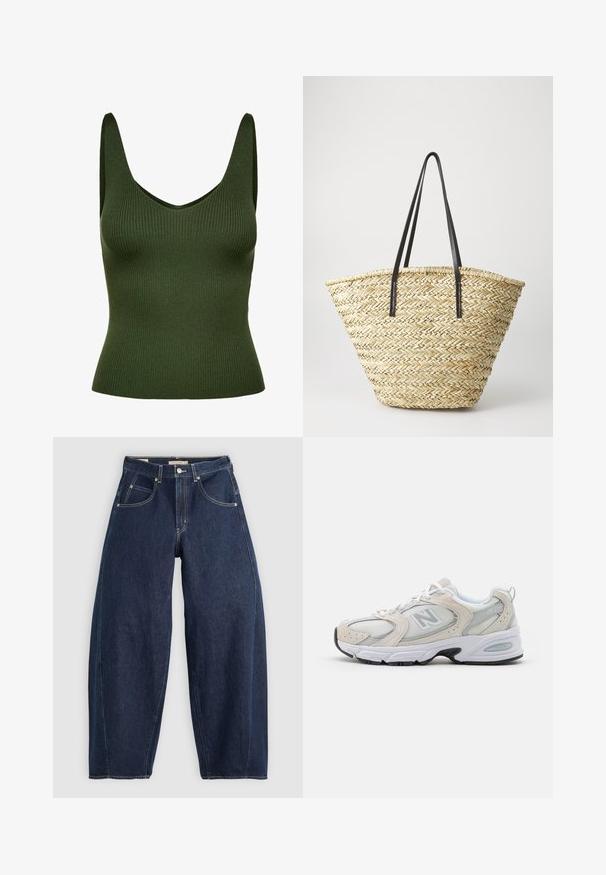 Top verde a costine con scollatura a V e spalline larghe. Realizzato in materiale testurizzato, ha una silhouette aderente e una costruzione senza cuciture.; Jeans in denim blu scuro con una vestibilità ampia, cuciture chiare, cinque tasche e chiusura con bottone in vita.; Scarpa sportiva con tomaia in mesh grigio chiaro e accenti in suede, lacci bianchi e suola in gomma nera. Dettaglio di ammortizzazione ABZORB notevole.; Borsa a tracolla in paglia intrecciata con una forma ampia e affusolata, dotata di due manici in pelle nera. Colore beige naturale con una superficie texture.