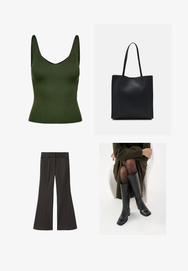 Zelený tank top s rebrovaním a výstrihom do V s širokými ramienkami. Vyrobený z textúrovanej látky, má priliehavý strih a bezšvovú konštrukciu.; Čierne rozšírené nohavice s vysokým pásom; majú dve bočné vrecká a hladkú textúru látky. Vhodné na rôzne príležitosti.; Čierne kožené čižmy po kolená so štvrtým prstom a blokovým opätkom, zobrazené s modelom sediacim v olivovo zelenej bunde. Hladká textúra, minimálne detaily.; Čierna kožená taška na rameno s hladkým povrchom, obdĺžnikovým tvarom a dvoma dlhými uchami. Bez viditeľného kovania alebo ozdôb.