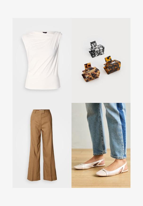 Top bianco drappeggiato con design a una spalla, realizzato in tessuto morbido. Presenta una sottile texture e una silhouette aderente. Etichetta visibile al collo.; Pantaloni larghi marroni realizzati in tessuto leggero. Caratterizzati da un davanti piatto, passanti per la cintura e una silhouette sartoriale con taglio alla caviglia.; Ballerine slingback rosa pallido con punta affusolata, realizzate in un materiale simile alla pelle liscio. Presentano dettagli a taglio sui lati e un tacco piatto.; Tre fermagli per capelli: uno marmorizzato bianco e nero, due tartarugati in tonalità di marrone e nero, tutti realizzati in plastica lucida con una finitura strutturata.