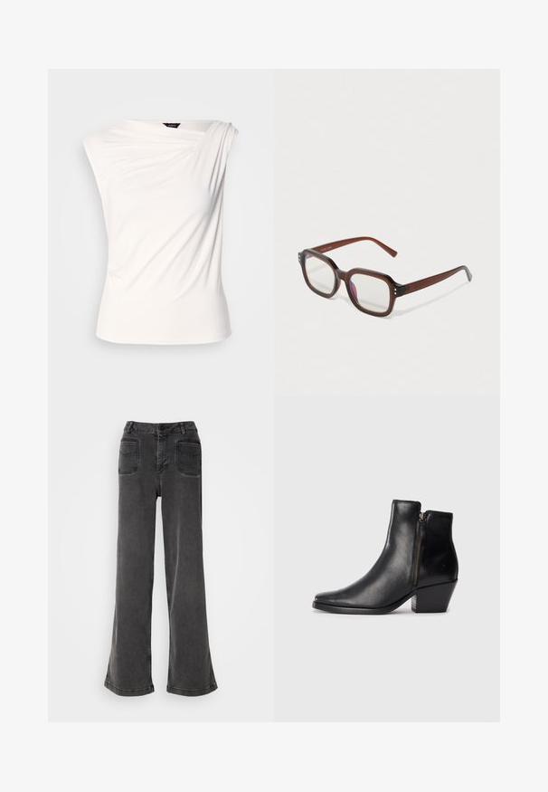 Valge, ühes õlas rippuv topp, valmistatud pehmest kangast. Omab õrna tekstuuri ja istuvat siluetti. Silt on nähtav kaela juures.; Kõrge vöökohaga, laiad mustad teksad, mis on valmistatud denimist, sisaldavad nupuvajutust, vöökelle ja kahte tagakotti, millel on tikitud detailid.; Must musta ankle saapad terava ninaga, külgzipperiga ja paksu kontsaga. Sile tekstuur ja minimalistik disain.; Pruunist läbipaistvast teisaldatavast raamiga silma klaasid, millel on selged läätsed, kerge lilla peegeldus ja väikesed kuldsed dekoratiivpunktid esinurgas.