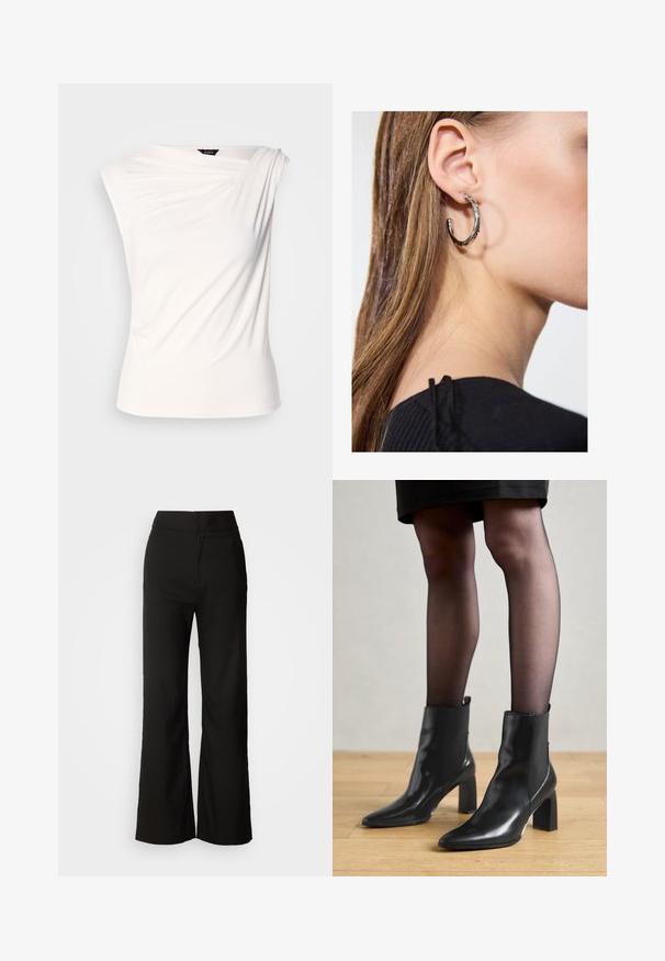 Top bianco drappeggiato con design a una spalla, realizzato in tessuto morbido. Presenta una sottile texture e una silhouette aderente. Etichetta visibile al collo.; Pantaloni neri a gamba larga con texture liscia, vita alta e design semplice. Nessuna tasca visibile o decorazioni.; Stivaletti neri in pelle con punta affusolata, tacco quadrato imponente e design elegante. Dotati di pannelli laterali elasticizzati per una facile vestibilità.; Orecchino a cerchio in argento con finitura lucida, caratterizzato da piccoli dettagli in oro e una forma tondeggiante, indossato sul lobo.