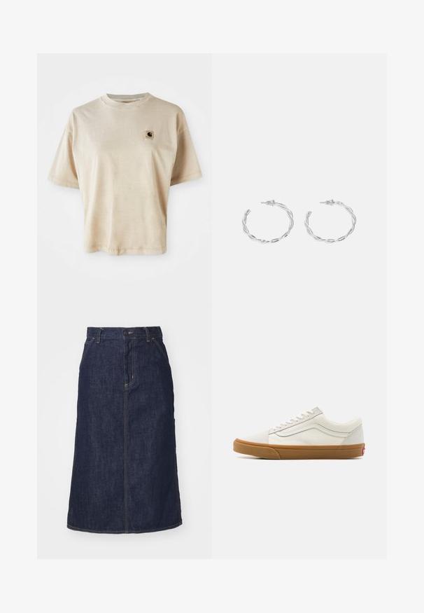 T-shirt en coton beige avec une coupe décontractée, un col ras du cou, des manches courtes et une petite étiquette carrée avec logo sur la zone gauche de la poitrine.; Jupe en denim foncé à taille haute, coupe droite, poches avant et coutures surpiquées. Fermeture à glissière et bouton à la taille.; Baskets basses en toile blanche avec une semelle en caoutchouc couleur gomme, bout rond, fermeture à lacets et détail en cuir sur le côté.; Boucles d'oreilles en argent en forme de créoles avec un design torsadé, dotées d'une finition polie et d'une fermeture à poussoir. Mesurent environ 3 cm de diamètre.